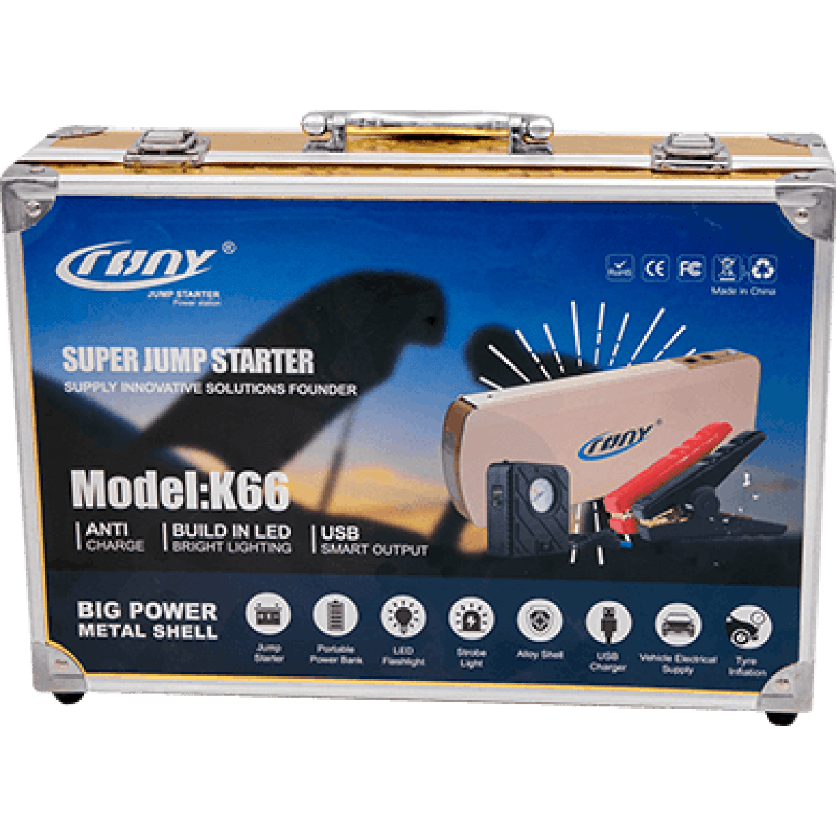 جامب ستارت كروني شاحن بطارية معبي هواء USB شنطة المينيوم كبير ذهبي +K66 - الصورة 2