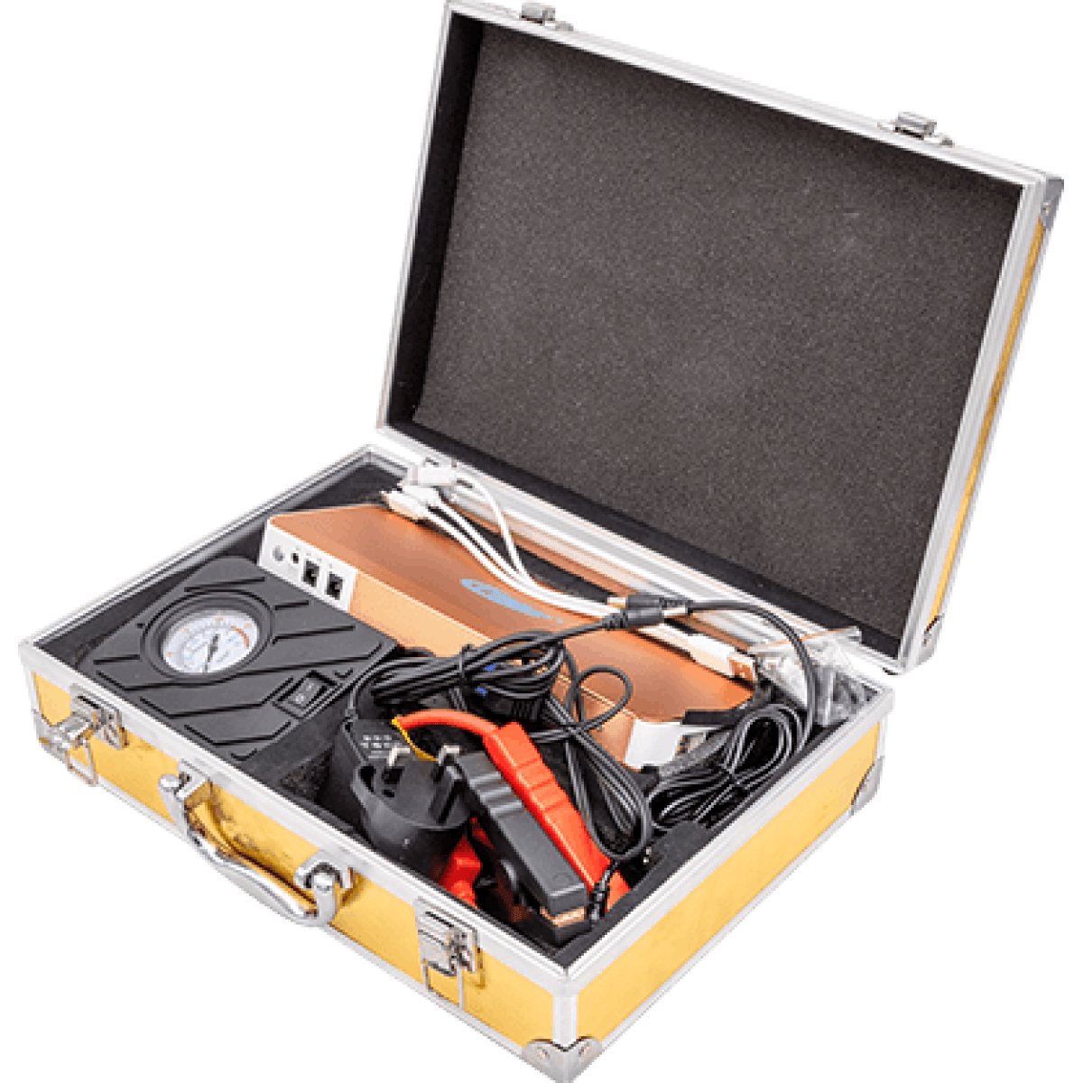 جامب ستارت كروني شاحن بطارية معبي هواء USB شنطة المينيوم كبير ذهبي +K66